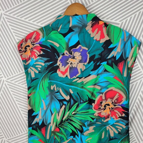 Vintage 60s Sheath Dress Sz Medium Large Floral Party Tropical Hawaiian Green - Picture 3 of 5